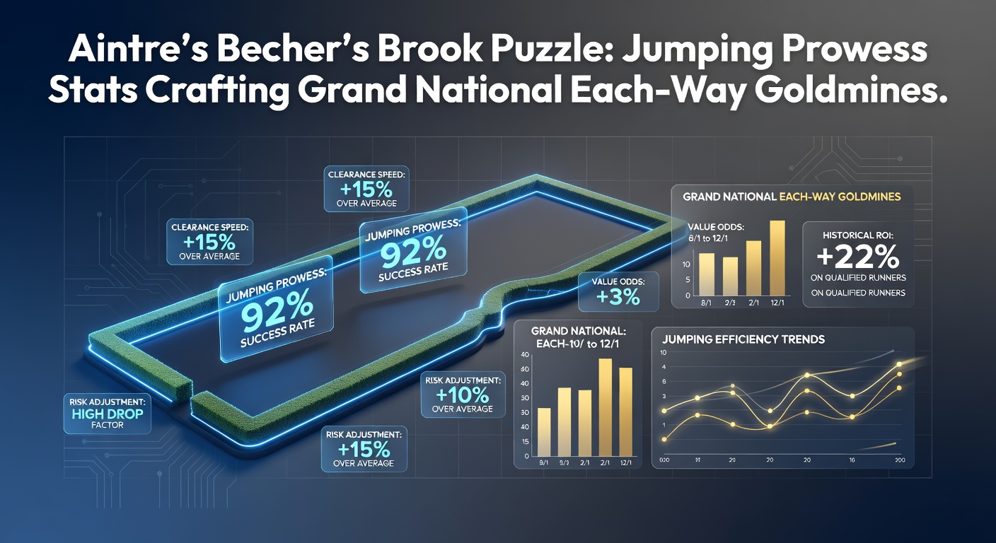 Aintree Racecourse's infamous Becher's Brook fence during a Grand National jump, with horses mid-air and spectators in the background