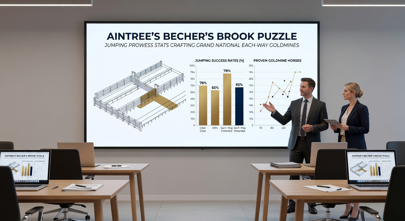 Close-up of a horse and jockey leaping Becher's Brook, emphasizing the challenging angle and water hazard below