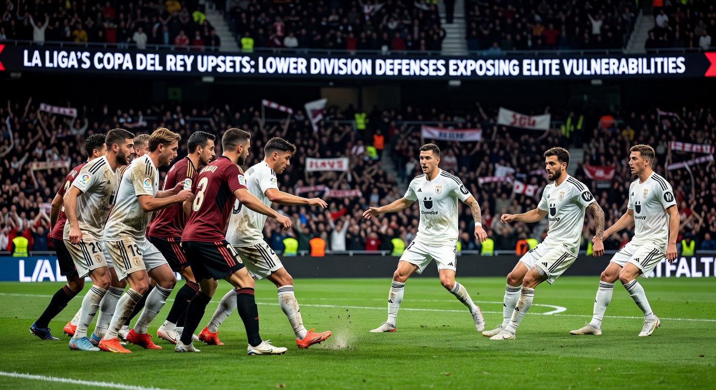 A packed defensive line from a lower-division Spanish side frustrates a La Liga giant during a tense Copa del Rey knockout clash, highlighting tactical resilience under pressure