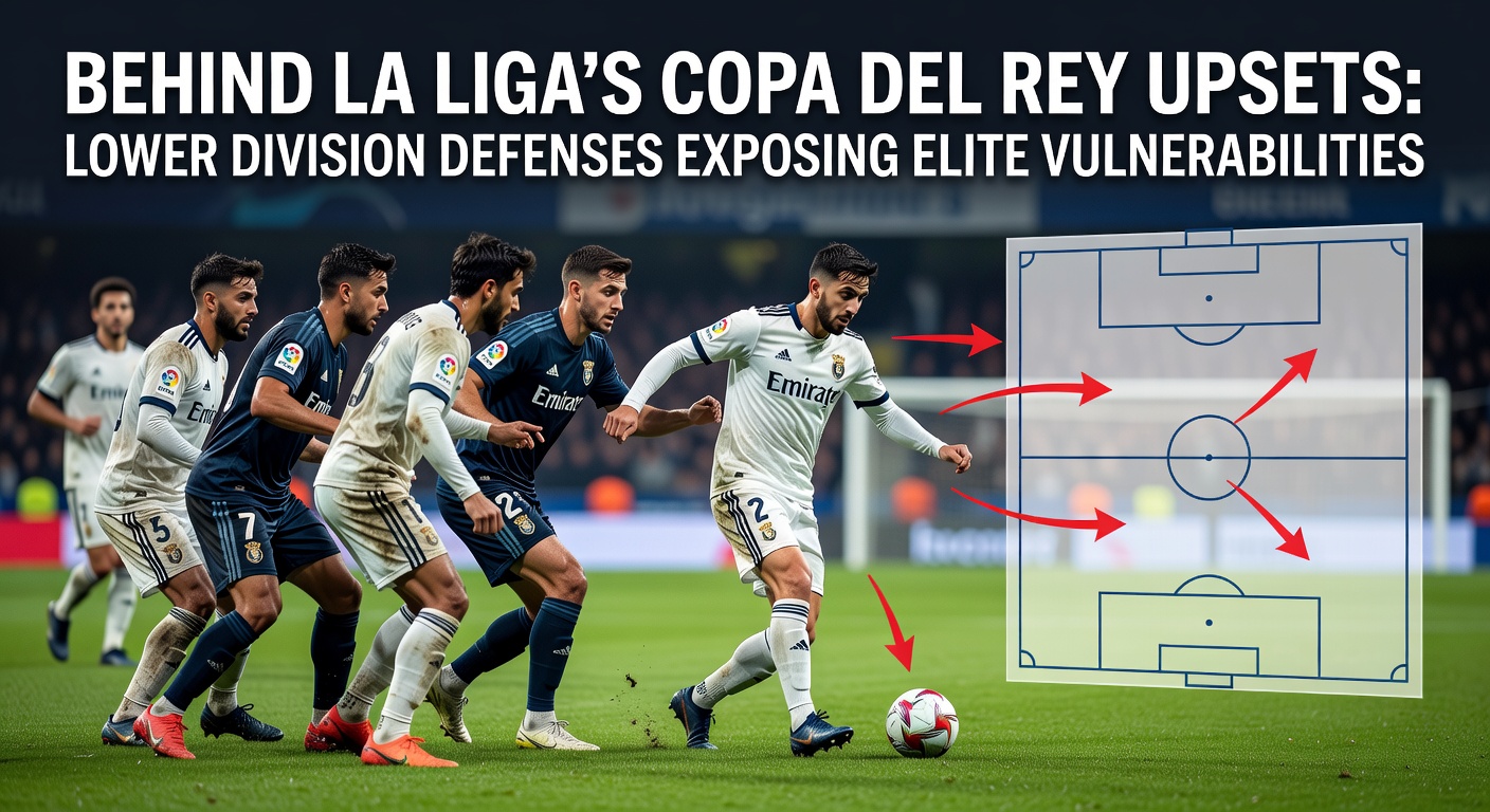 Close-up of a La Liga forward thwarted by a resilient lower-league defender in a Copa del Rey upset, capturing the intensity of a blocked shot amid a crowded box