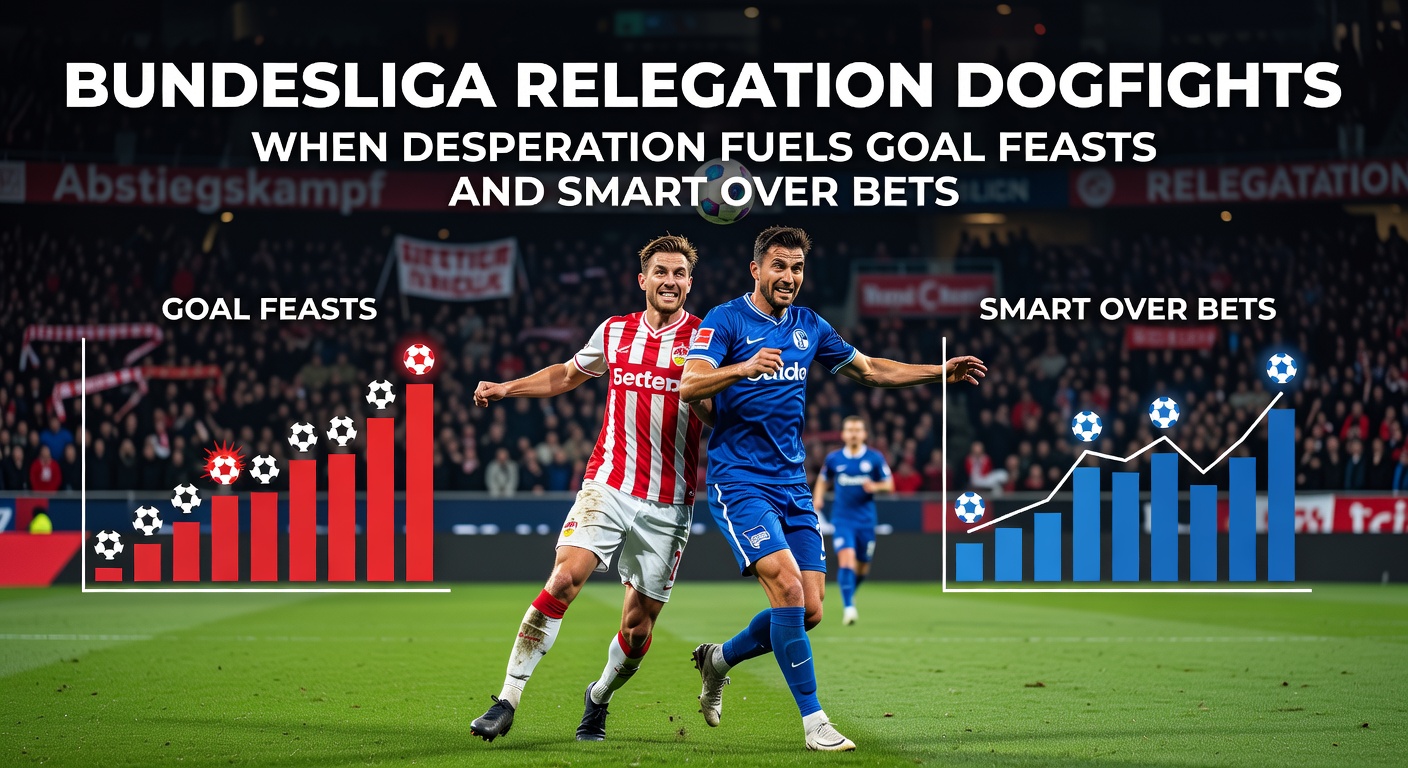 Intense Bundesliga relegation clash with players scrambling for a goal in a packed stadium under floodlights