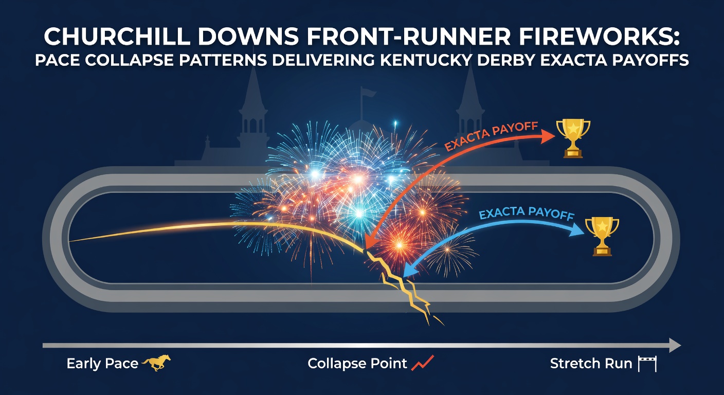 Historical chart of pace figures and exacta payouts in Kentucky Derby races at Churchill Downs, highlighting front-runner collapses