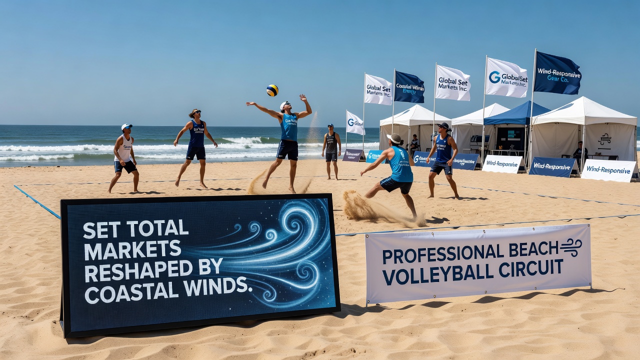 Professional beach volleyball players adapting to changing coastal wind conditions mid-match