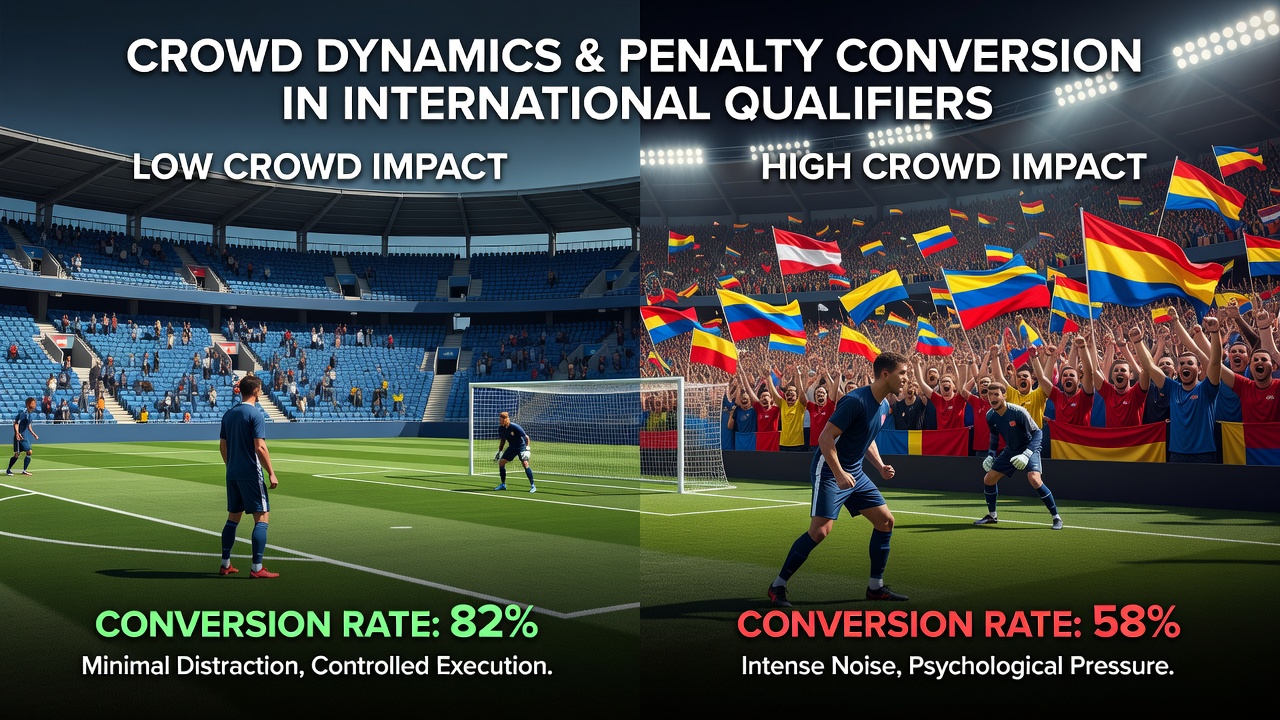 Penalty taker preparing under intense stadium lighting and crowd pressure in a packed international qualifier