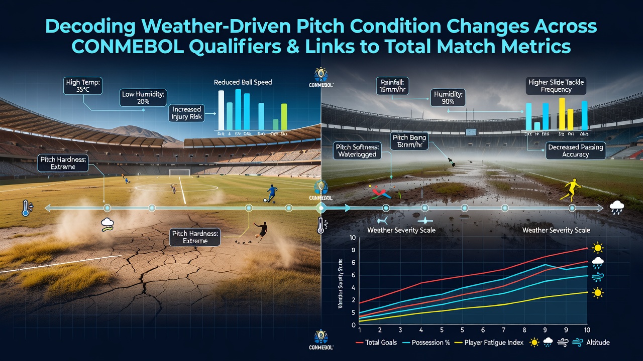 CONMEBOL qualifier pitch during heavy rain with visible water patches affecting play