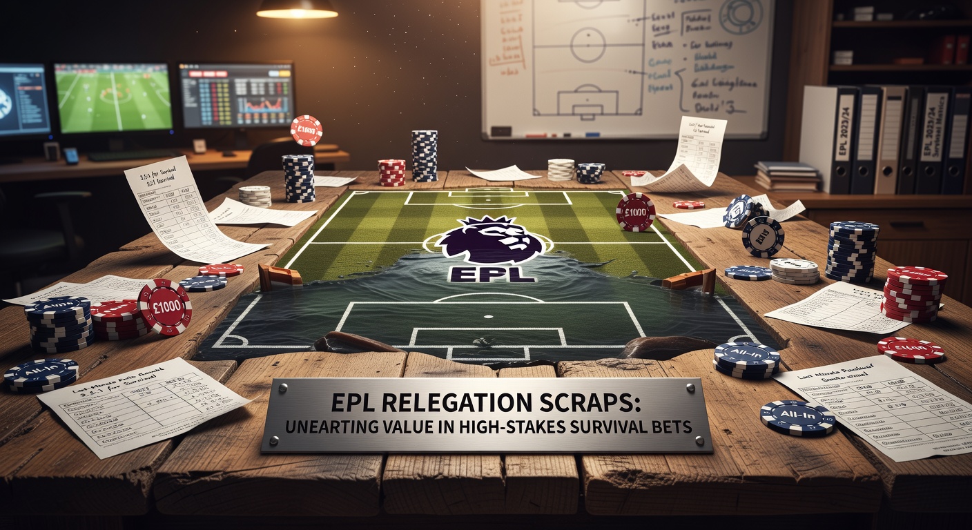 EPL teams clashing in a tense relegation six-pointer match under floodlights, capturing the high drama of survival battles