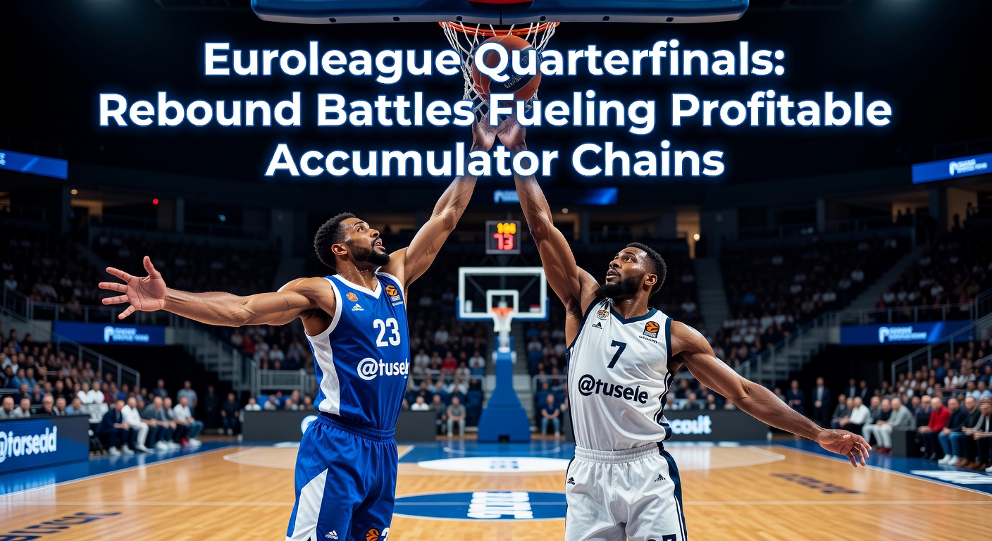 Intense Euroleague quarterfinal moment with players scrambling for a crucial rebound under the basket