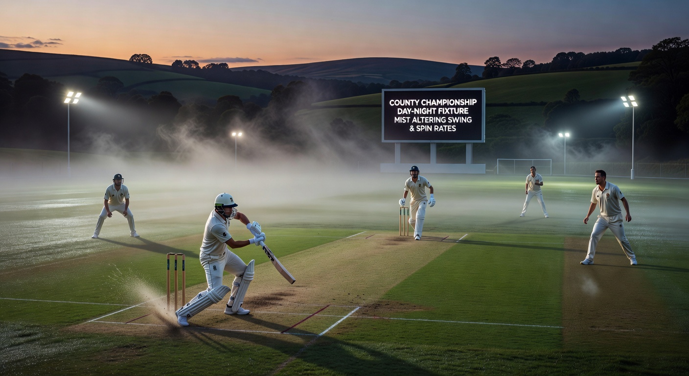 Valley cricket ground with evening mist forming over the pitch during a day-night County Championship match