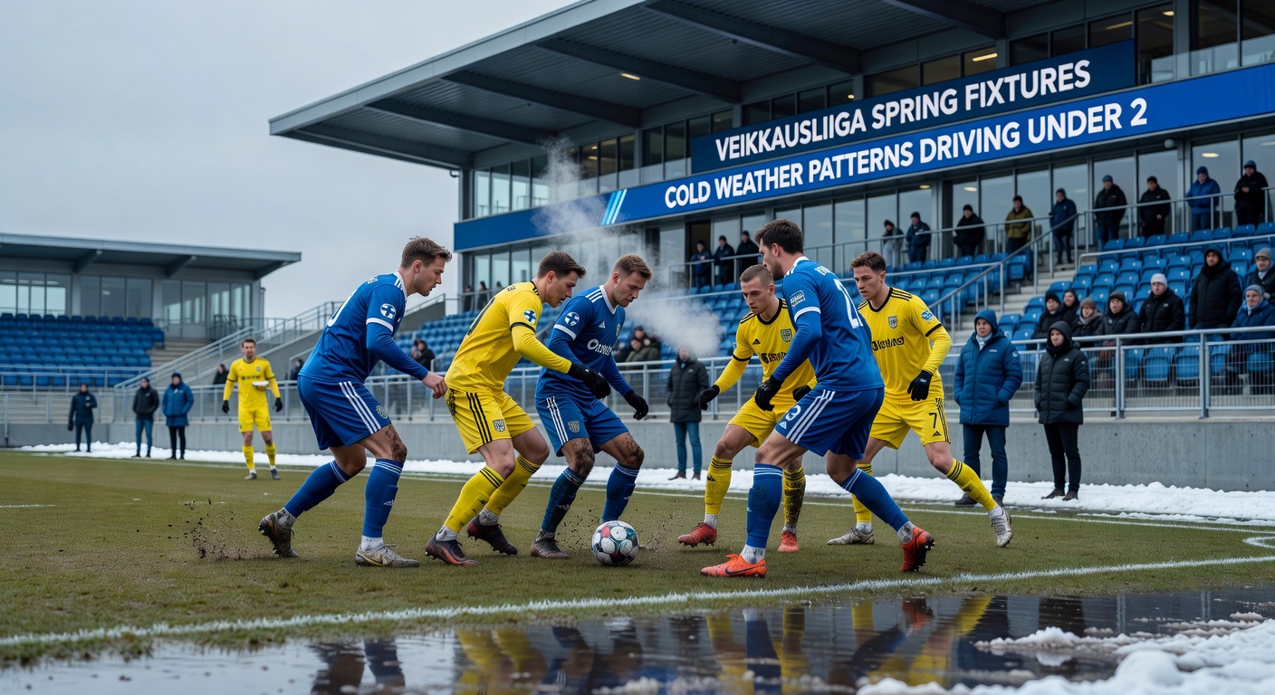 Graph showing Veikkausliiga goal averages by month, with spring dips highlighted against summer peaks