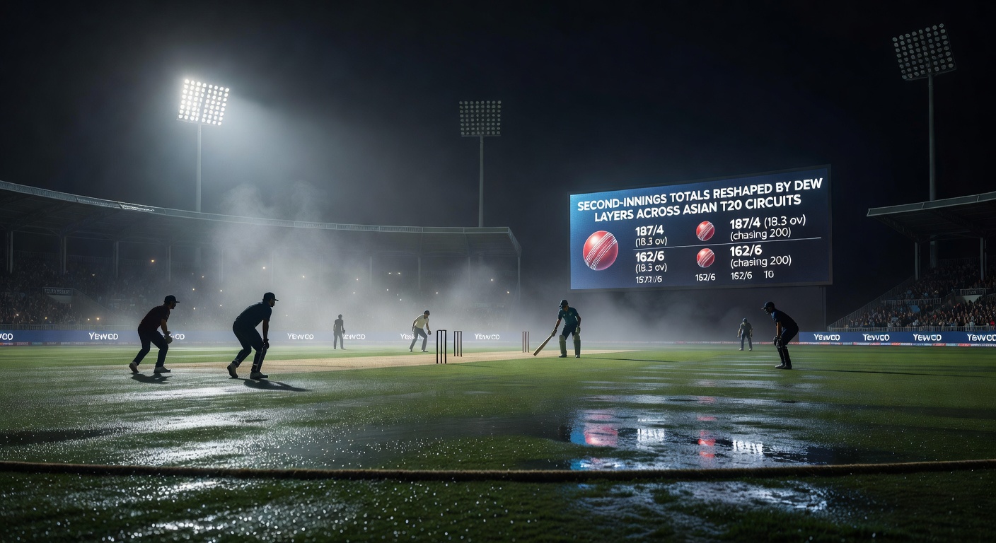 Floodlit cricket ground showing dew formation on the outfield during an evening T20 match in Asia