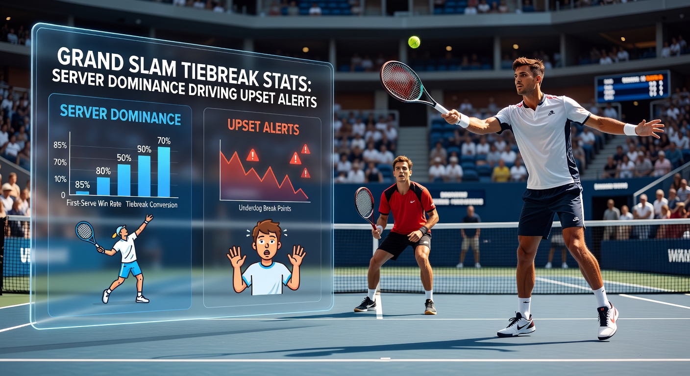 Close-up of a tennis player acing an opponent in a crucial Grand Slam tiebreak, racket mid-swing with ball blurring toward the line