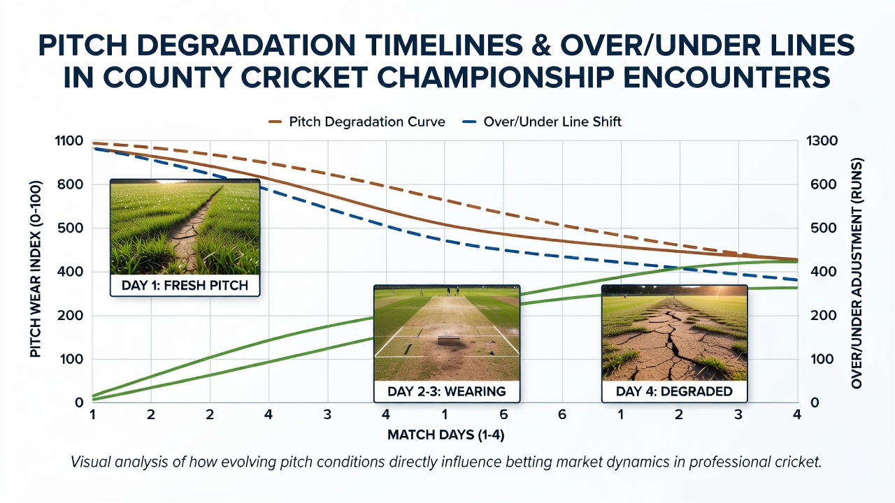 County cricket pitch showing early wear during a Championship match