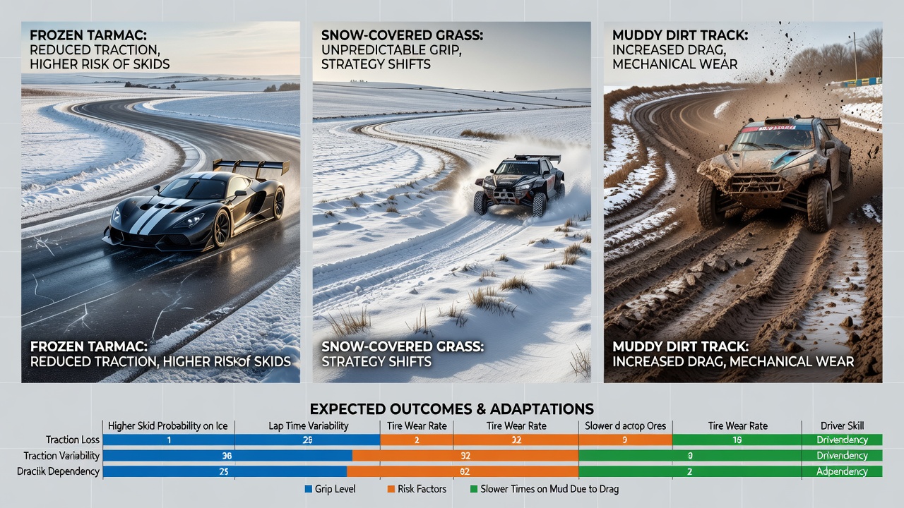 Close-up of UK winter racing track surface comparison between frosted turf and all-weather polytrack