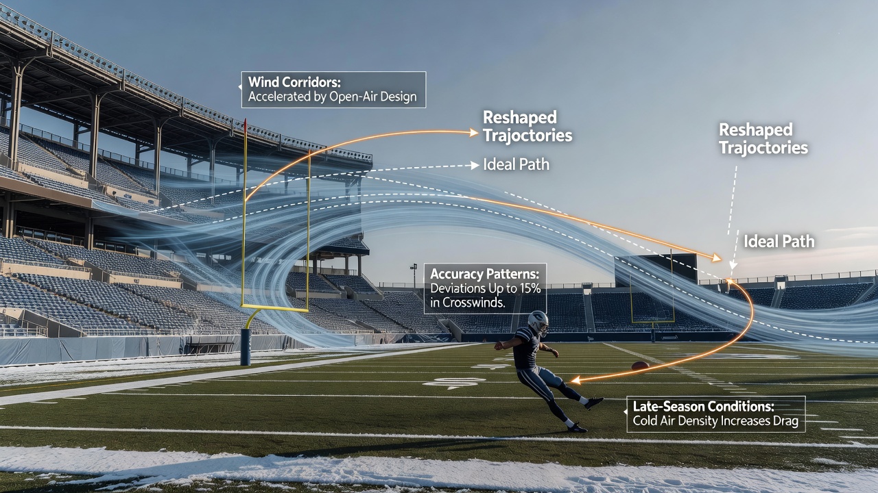 Aerial view of an open-air NFL stadium showing wind flow patterns across the field during late season conditions