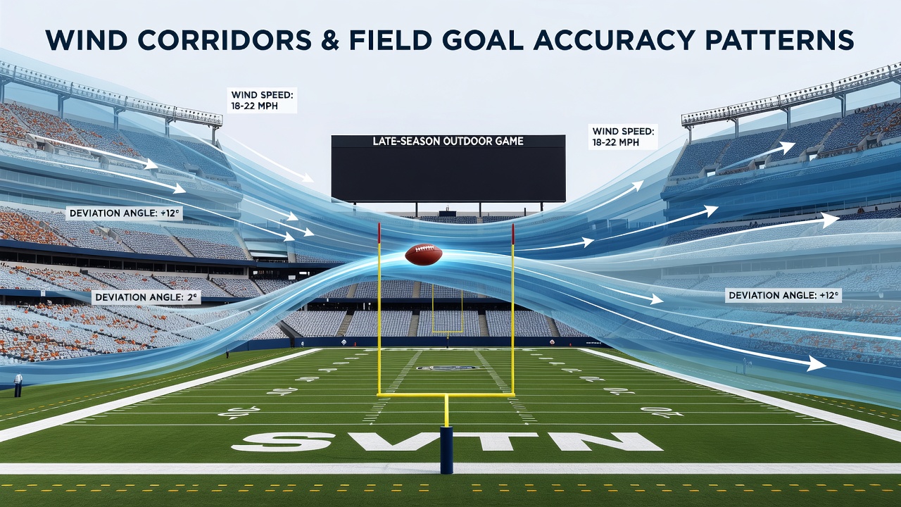 Close-up of a field goal attempt at an outdoor NFL stadium with visible wind indicators on the field