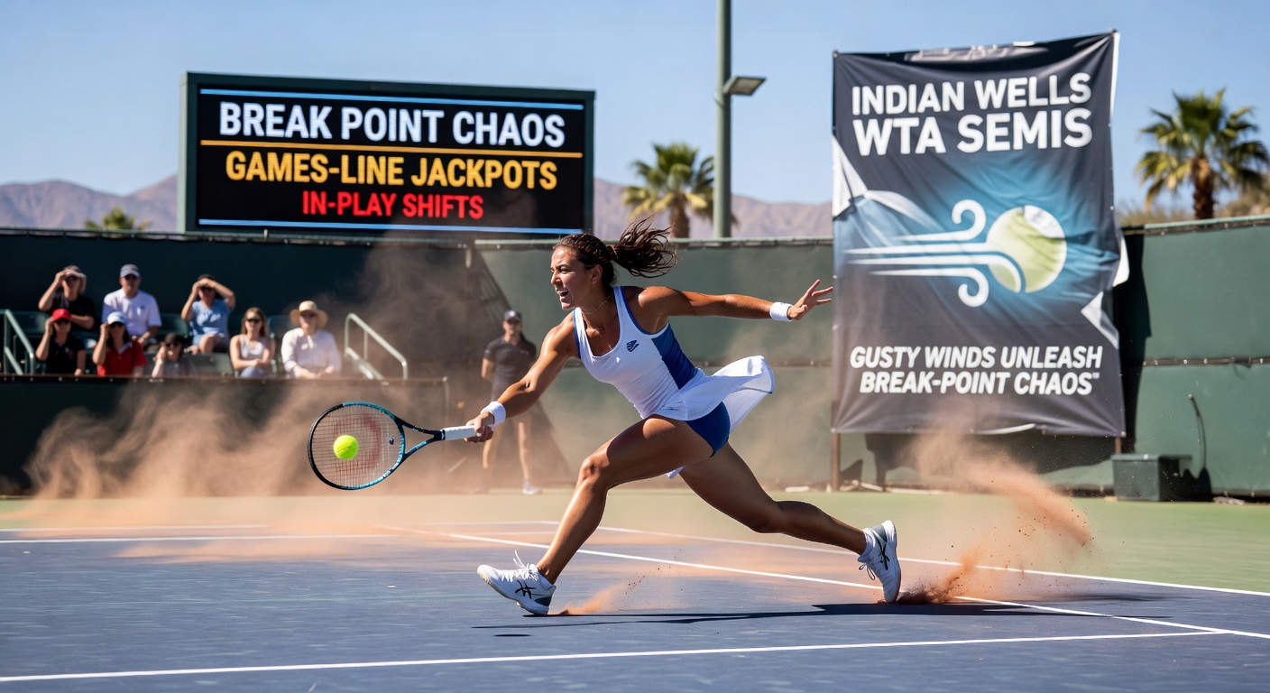 WTA semifinal players battling swirling gusts on the Indian Wells stadium court, serves veering off course amid palm trees bending in the wind