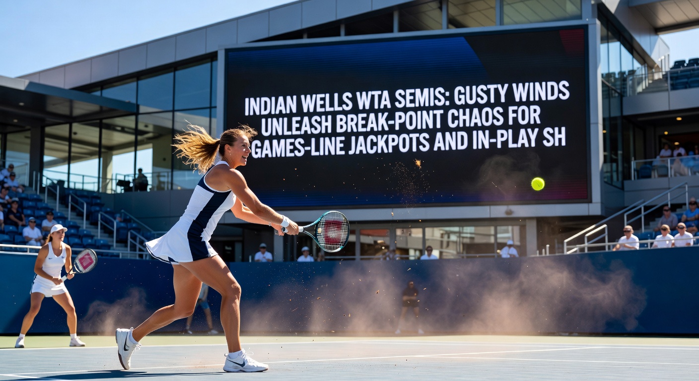 Close-up of a WTA player tracking a wind-affected serve during Indian Wells semis, with dust swirling on the baseline