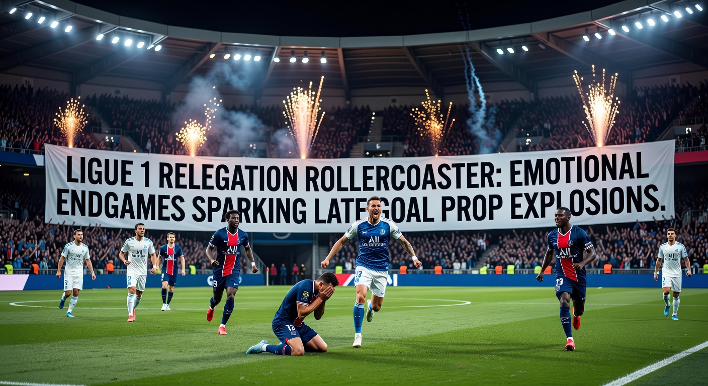 Dramatic late goal celebration in a tense Ligue 1 relegation battle under floodlights