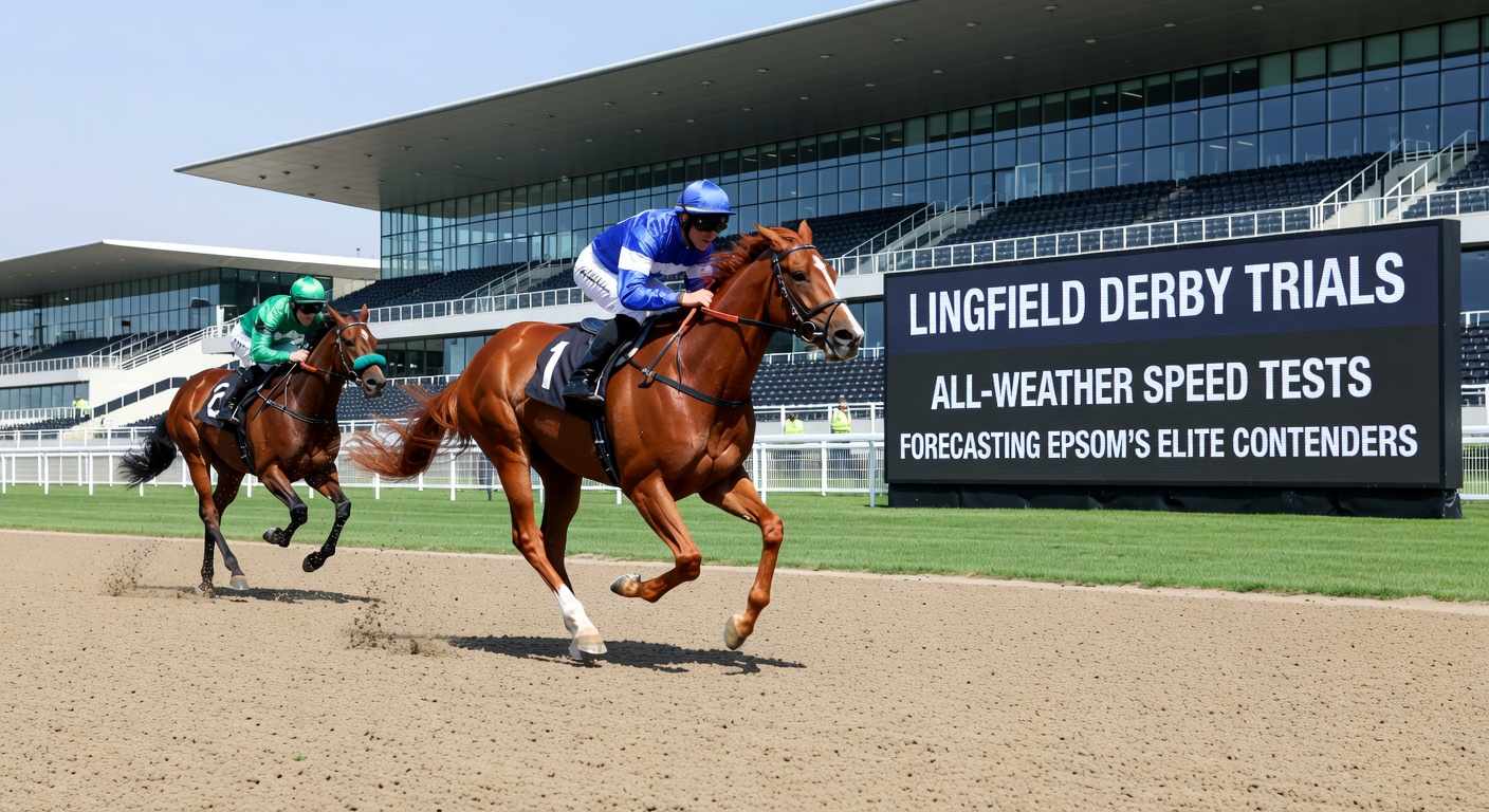 Close-up of a Derby trial winner crossing the line at Lingfield, sweat flying as the jockey urges for more