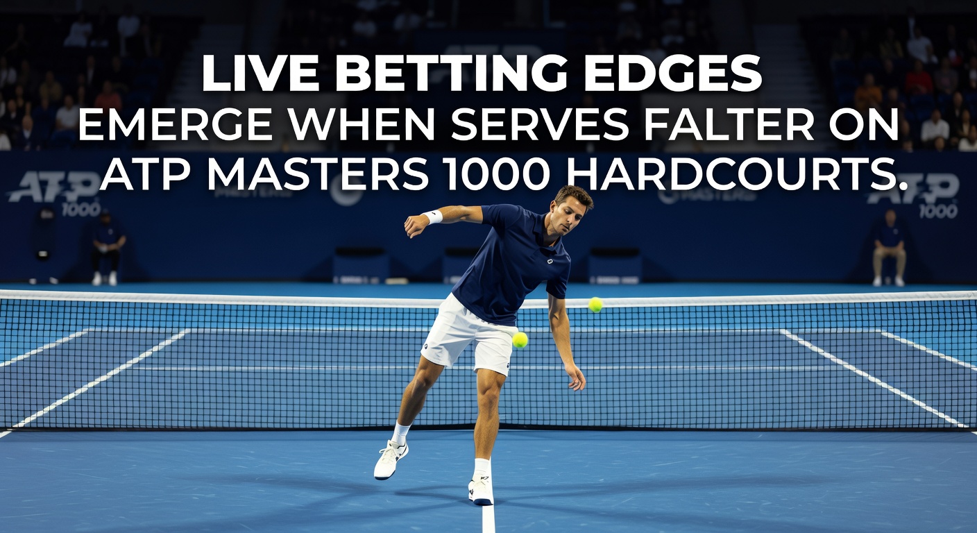 ATP Masters 1000 hardcourt match with a player struggling on serve during a tense rally