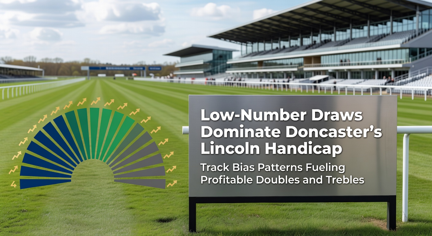 Aerial view of Doncaster Racecourse's straight six-furlong course during the Lincoln Handicap, highlighting the rail on the low-number side where frontrunners often thrive