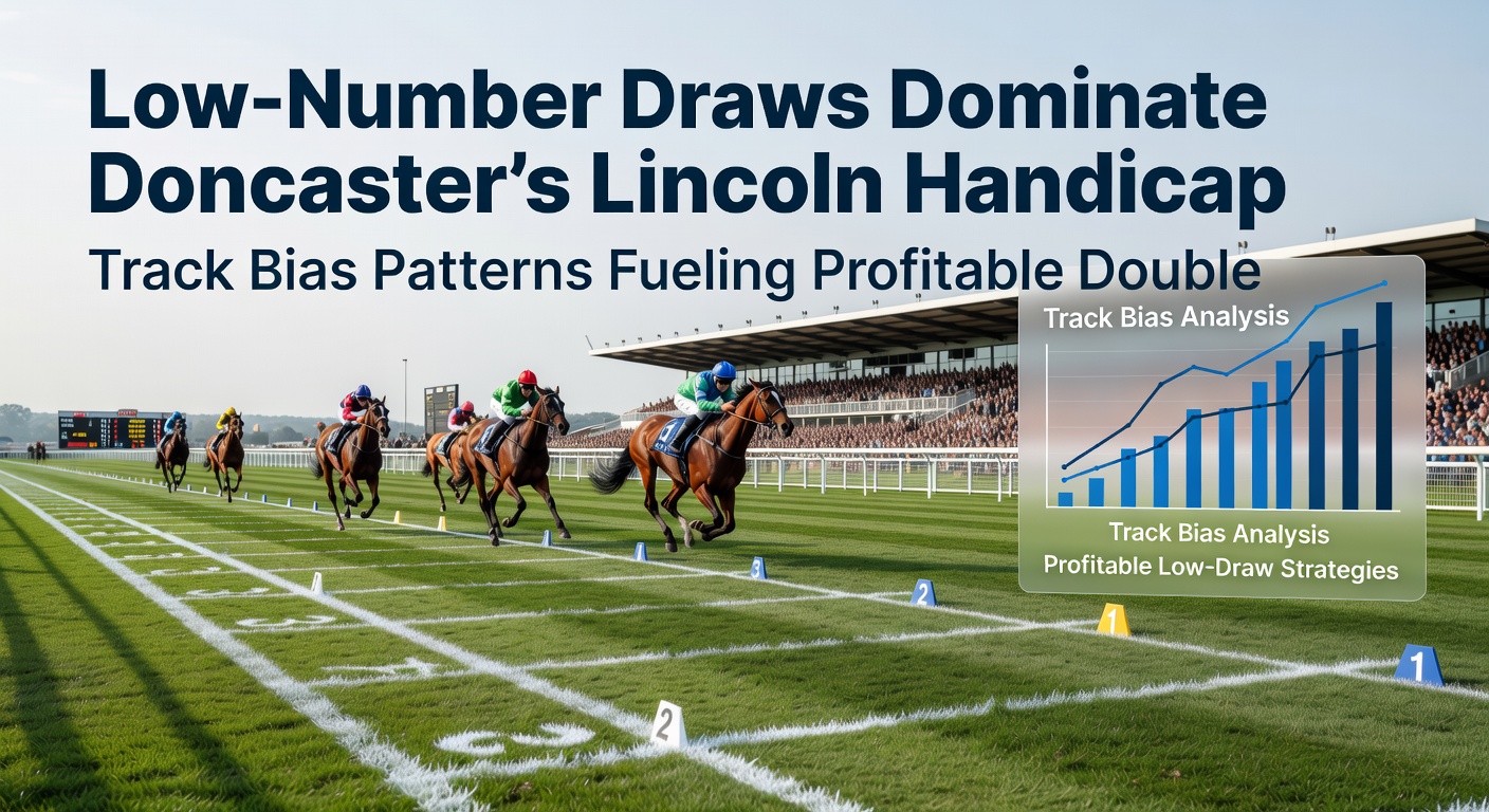 Close-up of a low-stall horse breaking from the gates in the Lincoln Handicap, rail hugging tight amid a packed field, illustrating the bias in action