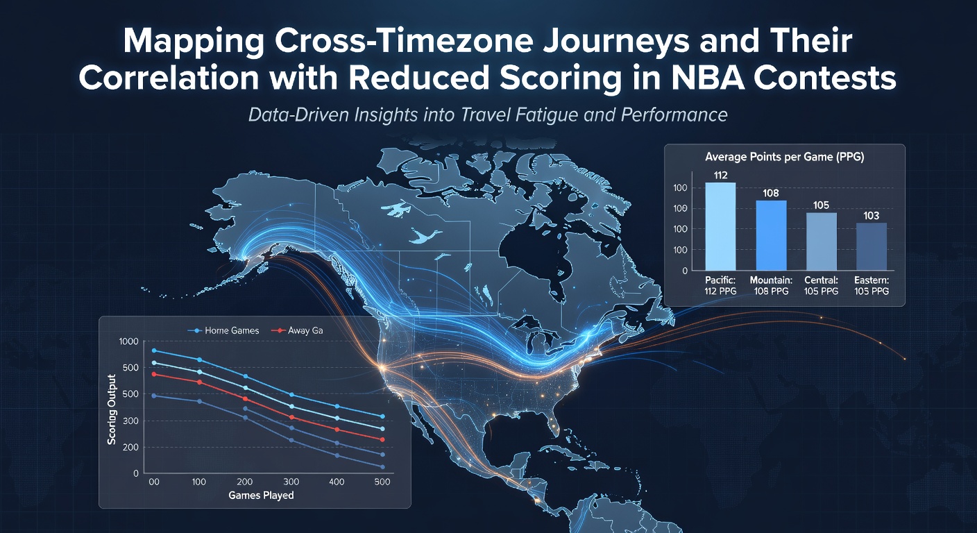 NBA arena with travel route overlays showing timezone shifts across the United States