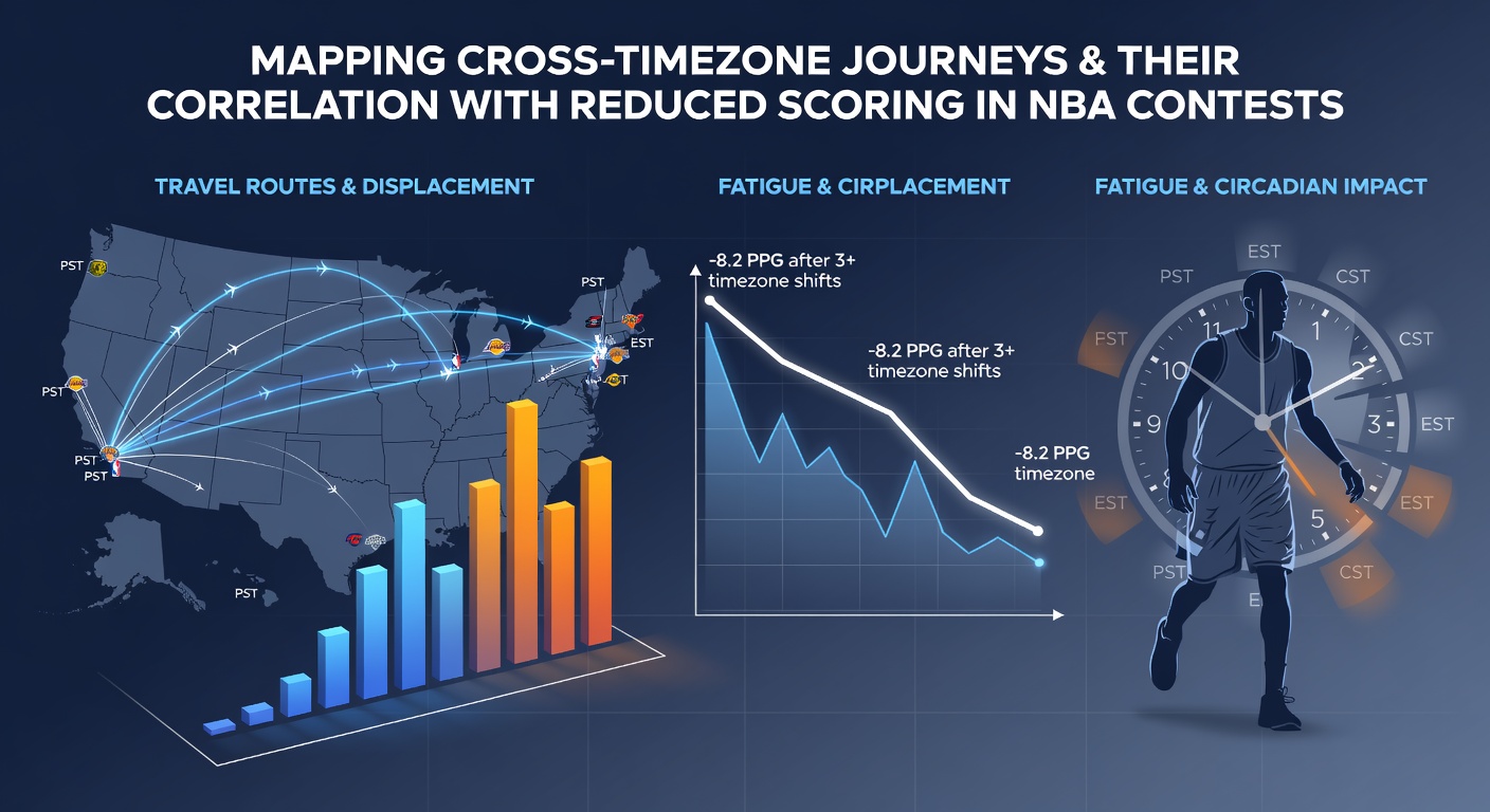 Charts and graphs displaying NBA scoring averages versus timezone travel distances