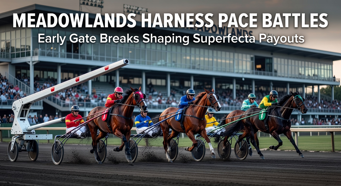 Thrilling start at Meadowlands Racetrack with horses bursting from the gate in a pace battle, dust kicking up as they vie for early position
