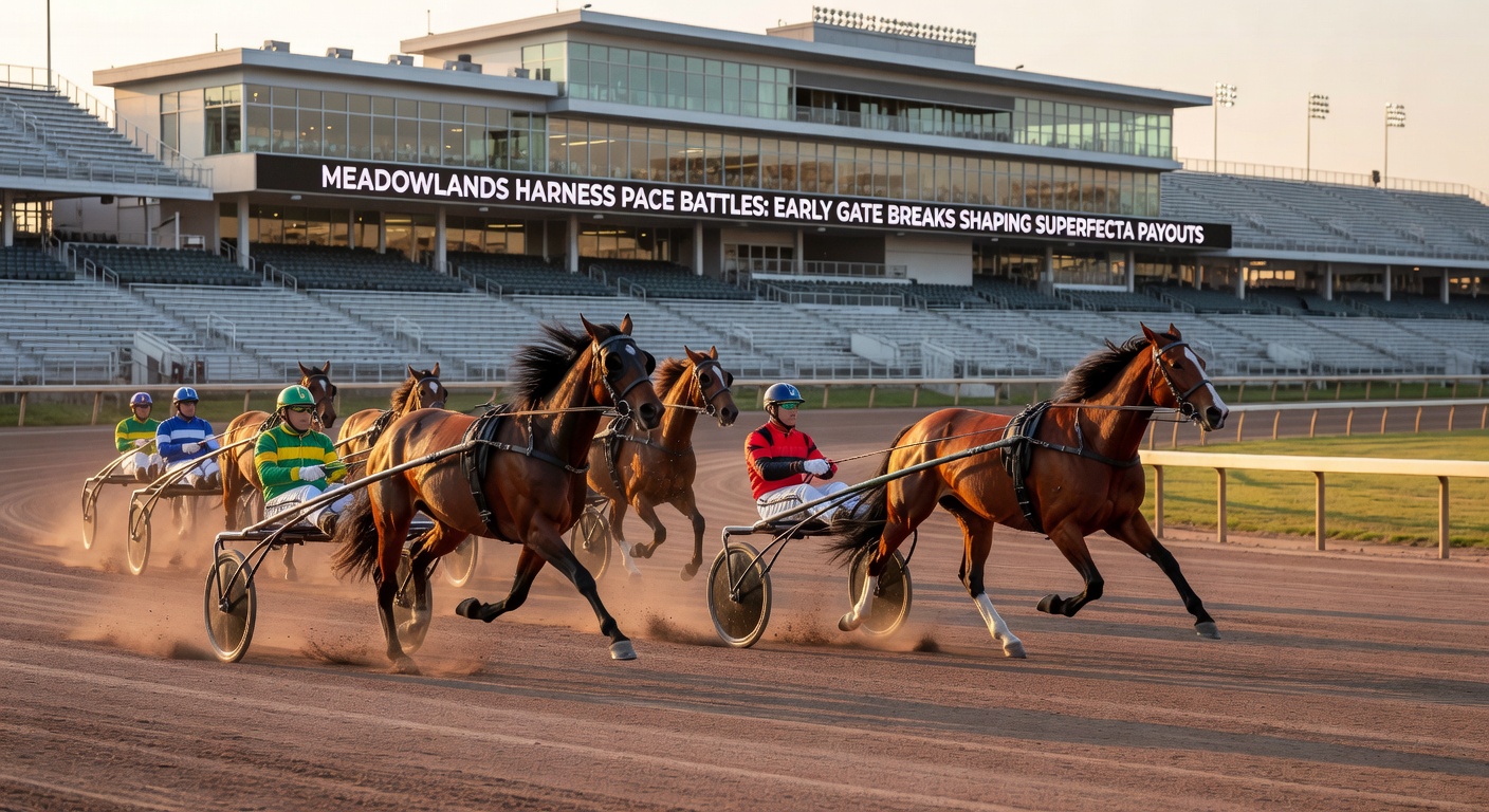 Close-up of a intense pace battle at Meadowlands, sulkies neck-and-neck with drivers urging horses forward amid churning track surface