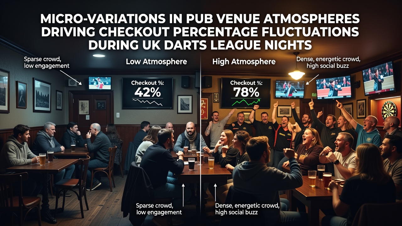 Interior view of a UK pub during darts league night showing lighting, crowd density and player focus at the oche