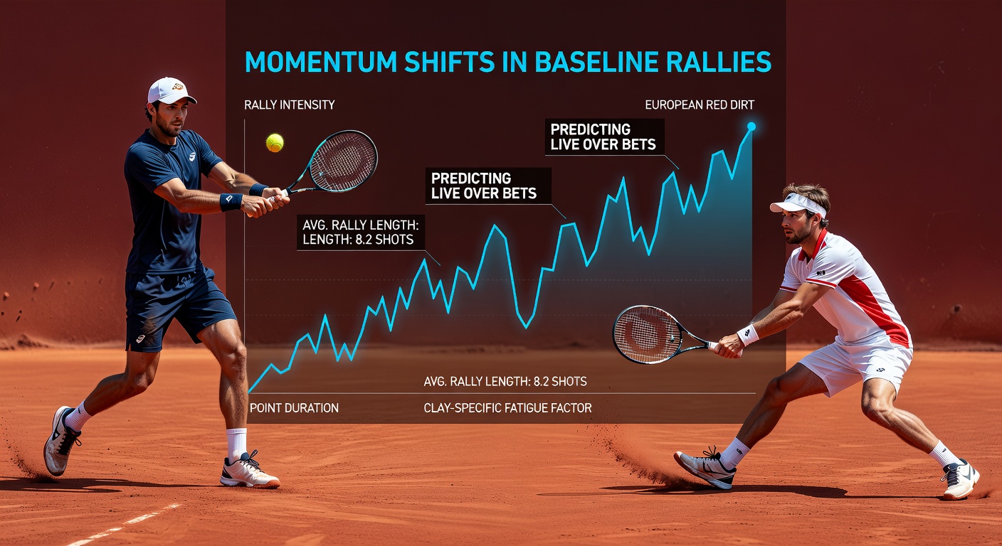 Close-up of two top ATP baseliners trading heavy topspin forehands in a high-stakes rally on Madrid's red clay, capturing the intensity of a momentum-building exchange