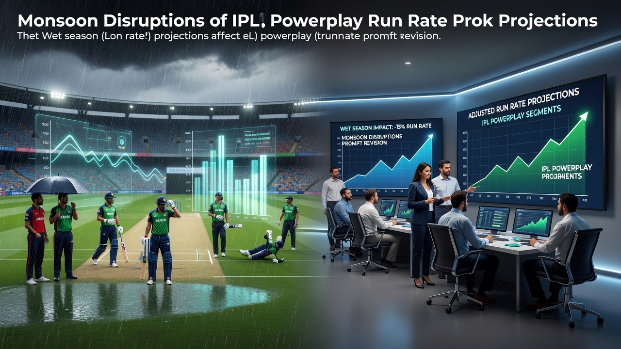 IPL cricket match affected by monsoon rains with players under covers and adjusted field settings visible
