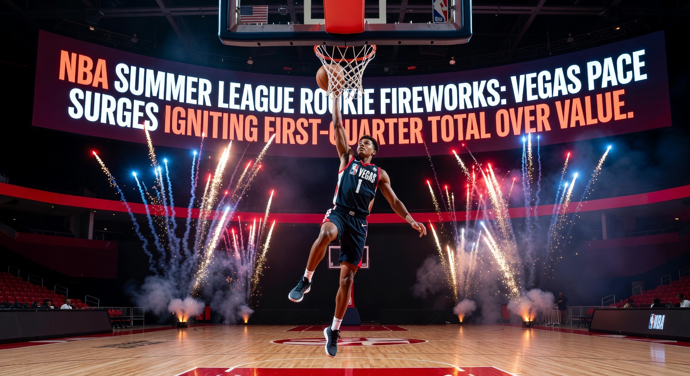 Rookies exploding in fast-paced action during NBA Summer League games in Las Vegas, with crowds buzzing over high-scoring first quarters