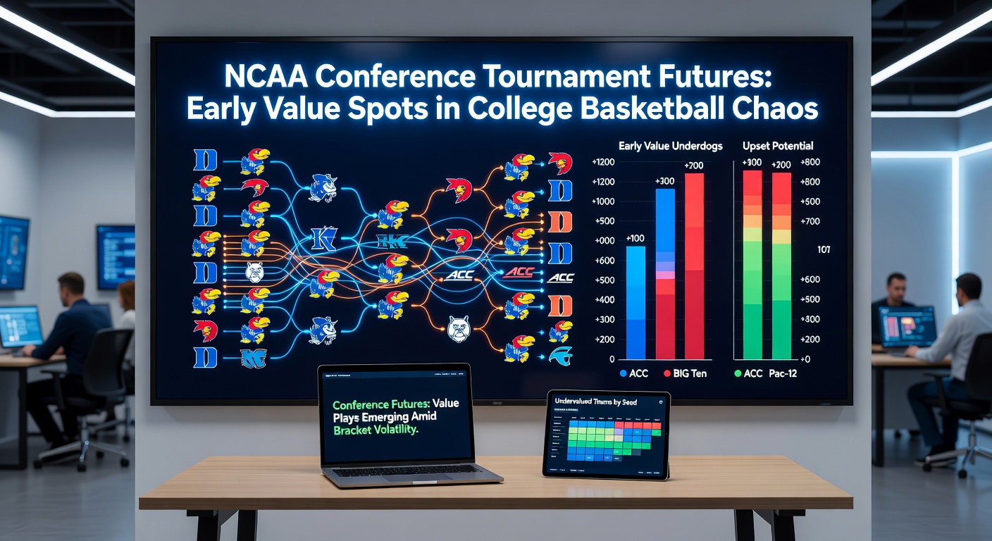 Dynamic shot of college basketball players scrambling for a loose ball in a packed conference tournament arena, capturing the high-stakes intensity of March madness