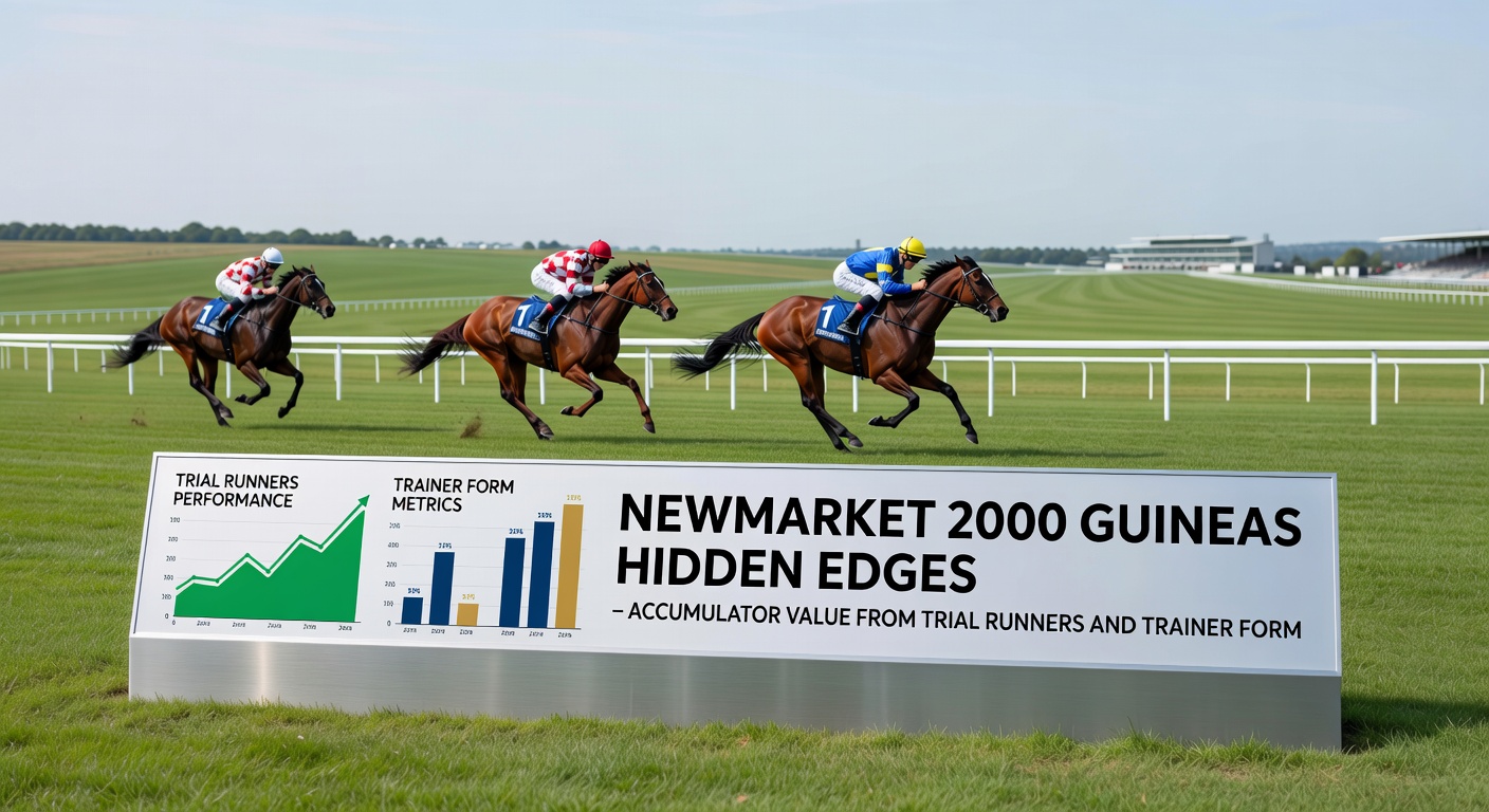 Horses charging down the straight at Newmarket during the 2000 Guineas, crowd in the background under a clear spring sky