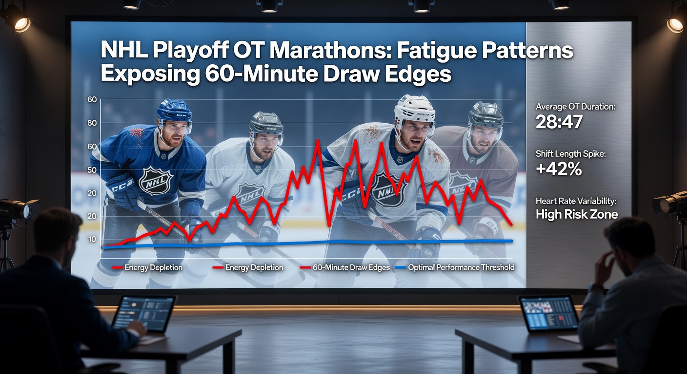 NHL playoff overtime scene showing exhausted players battling in a marathon session under bright arena lights