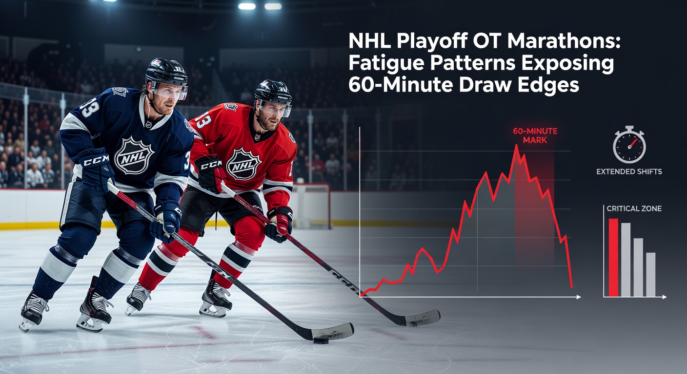 Graph illustrating fatigue metrics in NHL playoff overtime, with declining shot speeds and rising error rates over extended play