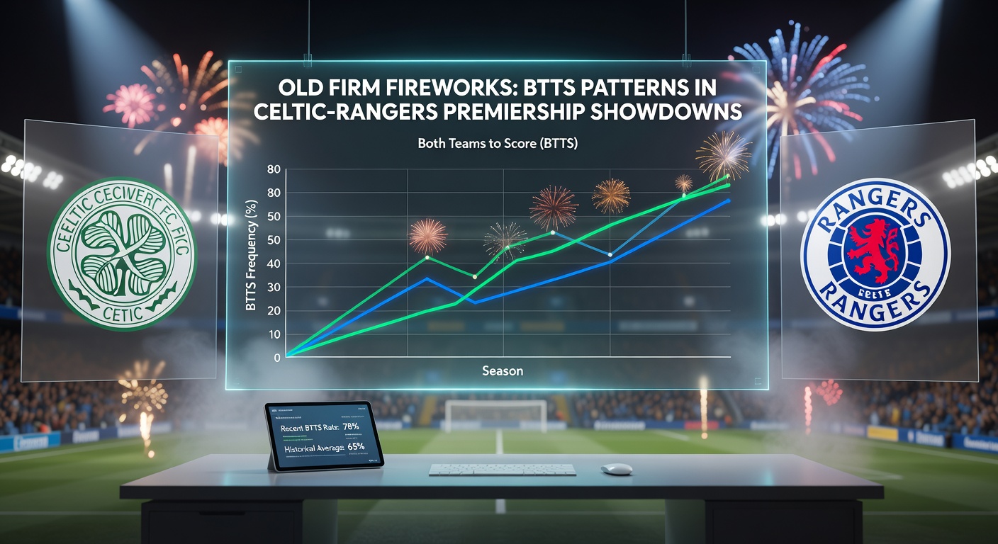 Visual chart breaking down BTTS yes/no percentages in Old Firm derbies over the past decade, highlighting peaks in high-scoring seasons