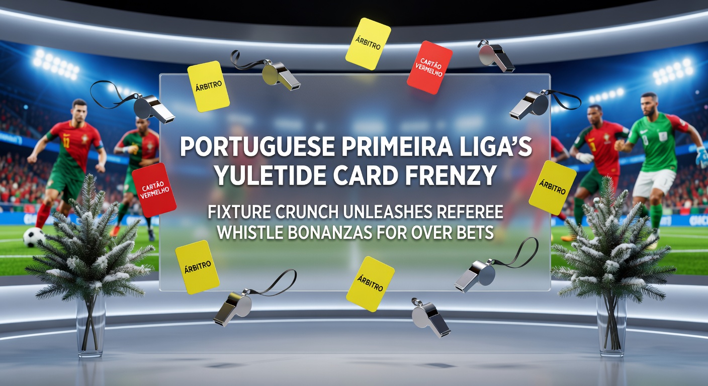 Referee brandishing a yellow card amid chaotic Yuletide action in Portugal's top flight, with players clashing fiercely under holiday lights