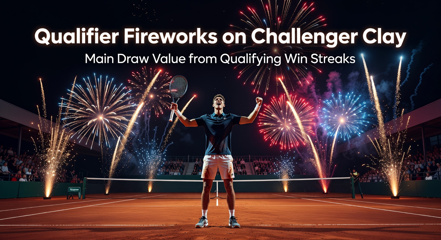 Qualifier player fist-pumping after a decisive win on red clay during a Challenger qualifying match