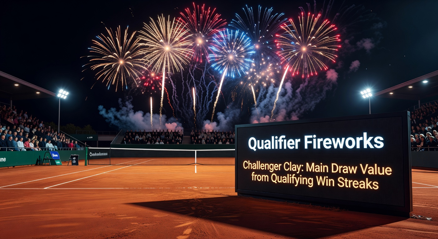 Close-up of intense clay court rally in a Challenger main draw match featuring a qualifier against a seed
