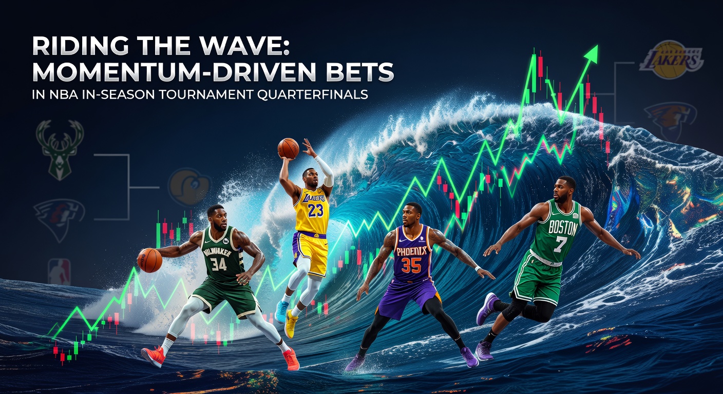 Dynamic NBA In-Season Tournament quarterfinal action with players surging forward on a fast break, capturing the essence of building momentum