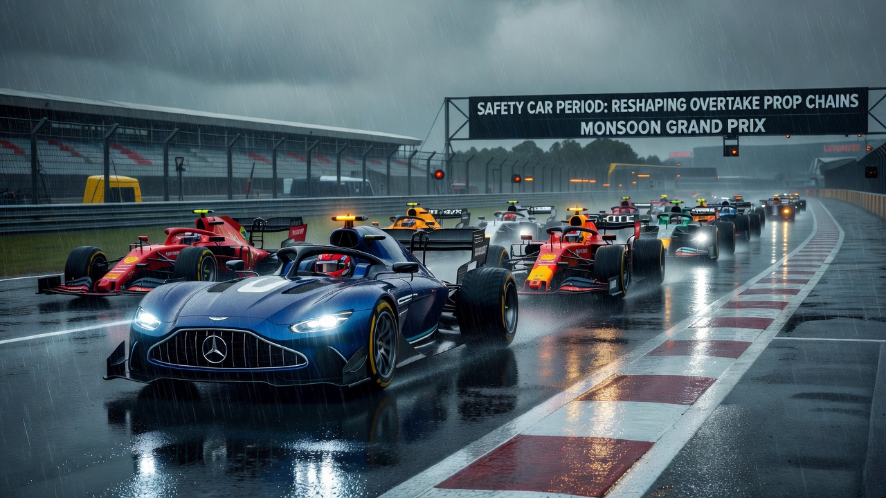 Formula One safety car leading the pack during a heavy monsoon rain shower at a Grand Prix circuit