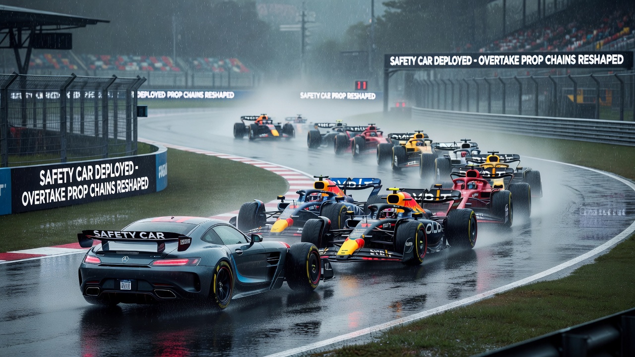 Overhead view of Formula One cars bunching up behind the safety car during intense rainfall on a tropical circuit