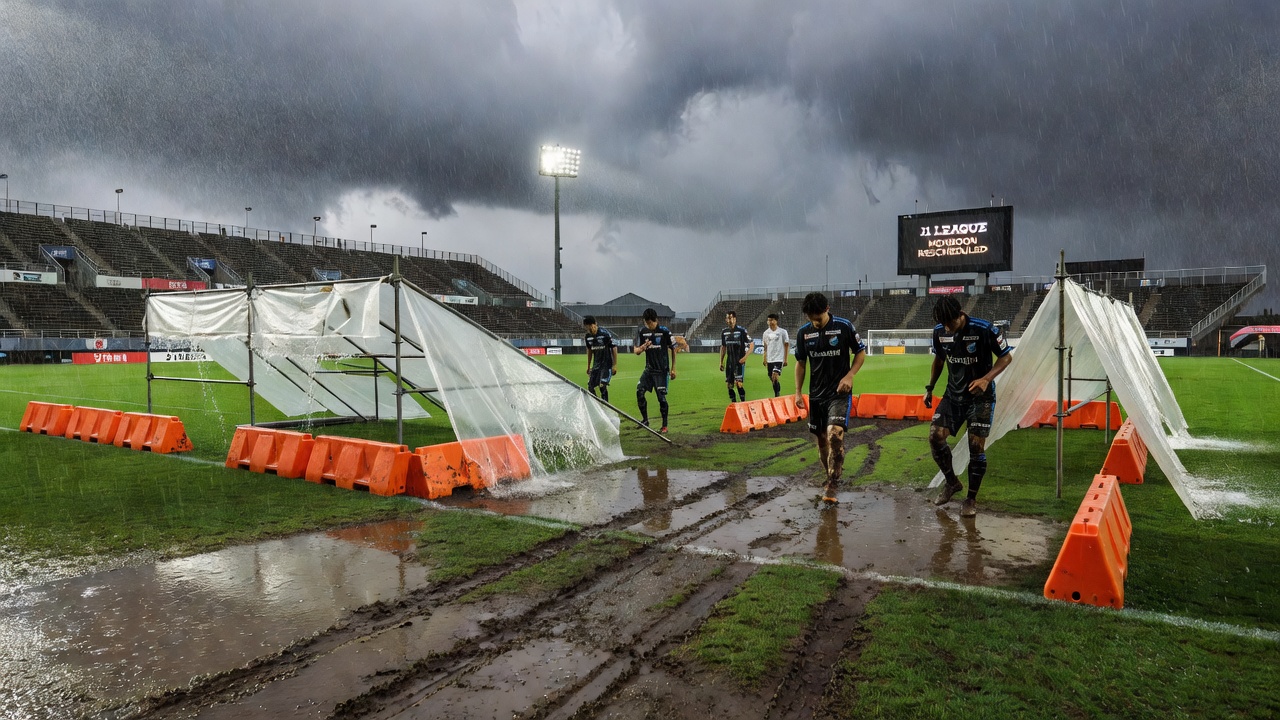 Defensive line of a J-League team maintaining shape during heavy monsoon rain