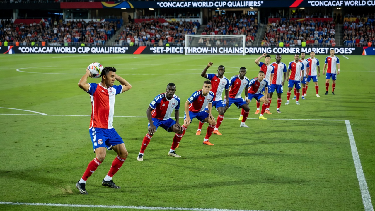 Aerial view of a CONCACAF qualifier pitch highlighting corner flag and player positioning during throw-in sequences