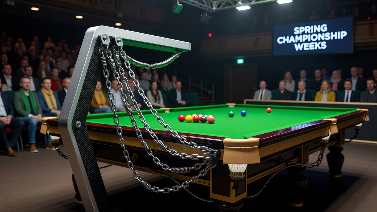 Interior view of the Crucible Theatre showing acoustic panels and seating arrangement during a snooker match