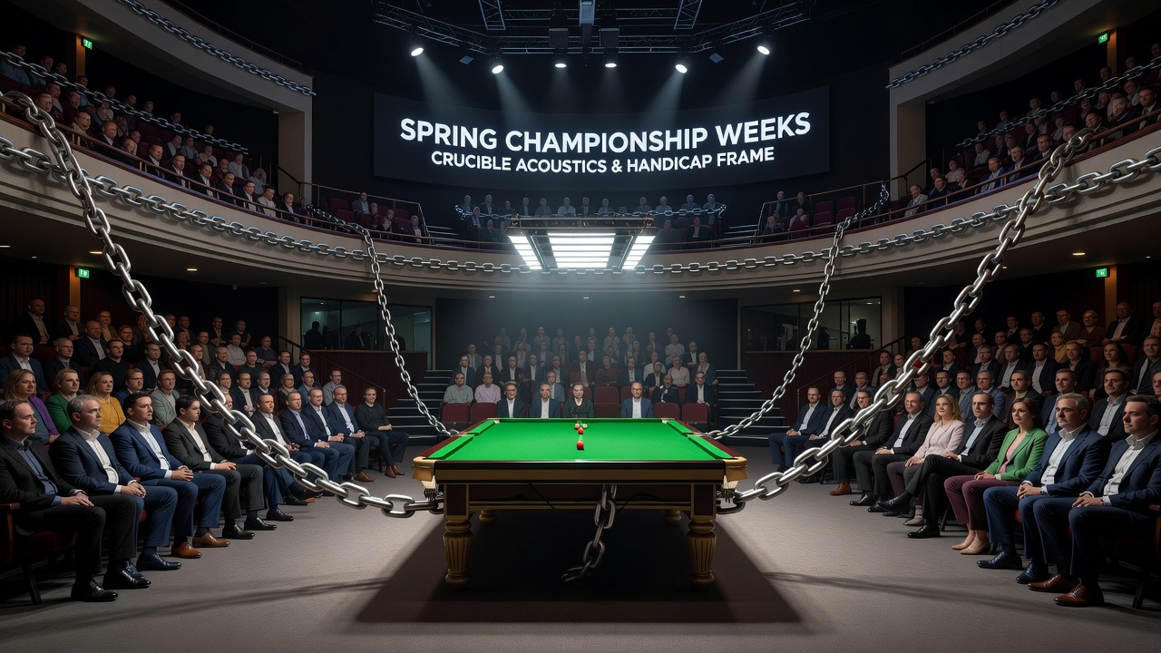 Close-up of snooker table at Crucible with crowd in background during championship play