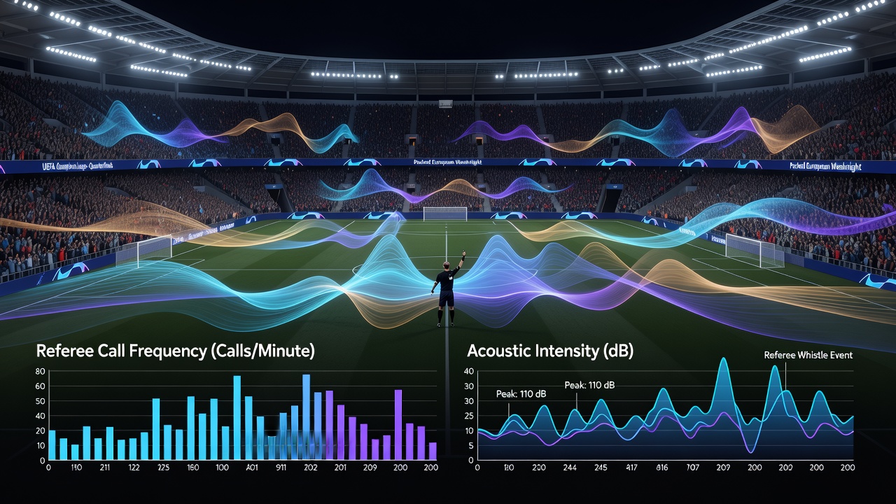 Referee signaling a decision amid intense crowd noise at a European weeknight fixture with acoustic measurement overlays
